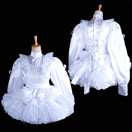 Handmade Lockable Sissy Maid Dress – White Satin Crossdressing Costume with Optional Petticoat [G1627]