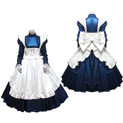 Handmade Lockable Sissy Maid Dress – Navy Blue & White Thin PVC Long Crossdressing Costume [G1637]