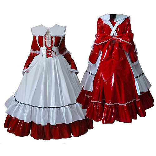Handmade Lockable Sissy Maid Dress – Red & White Thin PVC Long Crossdressing Costume [G1634]