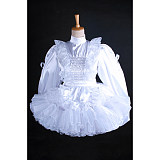 Handmade Lockable Sissy Maid Dress – White Satin Crossdressing Costume with Optional Petticoat [G1627]