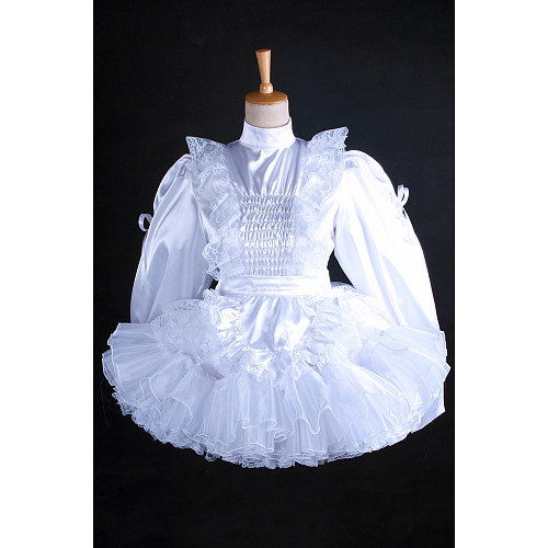 Handmade Lockable Sissy Maid Dress – White Satin Crossdressing Costume with Optional Petticoat [G1627]