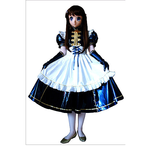 Handmade Lockable Sissy Maid Dress – Dark Navy Blue & White Thin PVC Crossdressing Costume with Gold Trim [G1631]