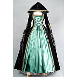 Handmade Velvet Hooded Medieval Gown with Green Satin Underskirt [G1628]