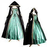 Handmade Velvet Hooded Medieval Gown with Green Satin Underskirt [G1628]