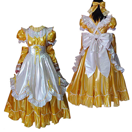 Handmade Lockable Sissy Maid Dress – Yellow & White Thin PVC Long Crossdressing Costume [G1639]