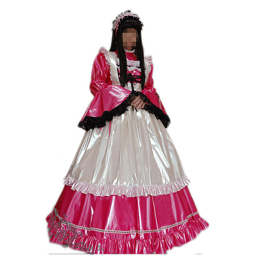 Handmade Lockable Sissy Maid Dress – Pink & White Thin PVC Long Crossdressing Costume with Black Trim [G1636]