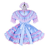 Lockable Sissy Maid Blue & Pink Satin Dress with Ruffles & Headpiece [G1772]