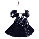 Handmade Black Heavy PVC Short Sissy Dress – Puff Sleeve Glossy Costume [G1657]
