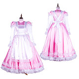 Lockable Sissy Maid Pink & White Satin Long Dress with Apron [G1749]