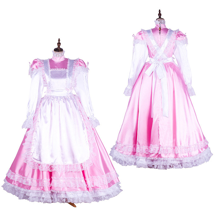 Lockable Sissy Maid Satin Long Dress Pink White  Crossdressing French Maid  Costume [G1749]
