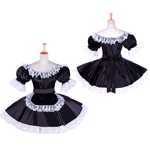 Sissy Maid Black & White Satin Dress with Lace Apron [G1758]