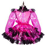 Lockable Sissy Maid Pink & Black Clear PVC Dress with Lace Trim [G1764]