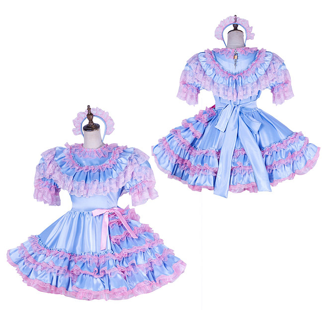 Lockable Sissy Maid Blue & Pink Satin Dress with Ruffles & Headpiece [G1772]