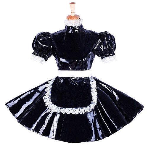 Handmade Lockable Sissy Maid Dress – Black Heavy PVC Short Crossdressing Costume [G1654]