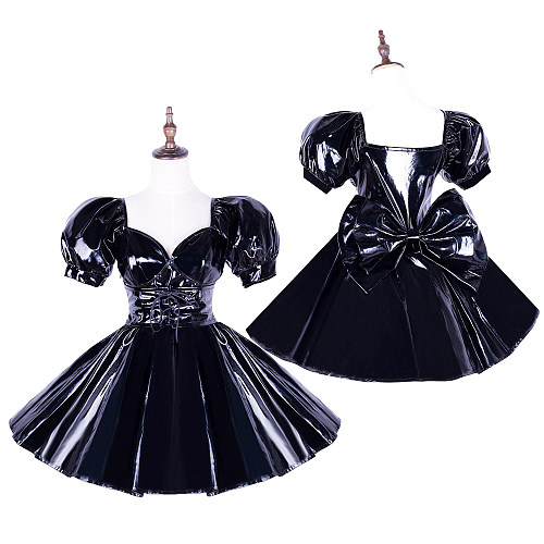 Handmade Black Heavy PVC Short Sissy Dress – Puff Sleeve Glossy Costume [G1657]