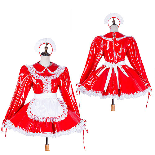 Lockable Sissy Maid Red & White Heavy PVC Dress with Apron [G1751]