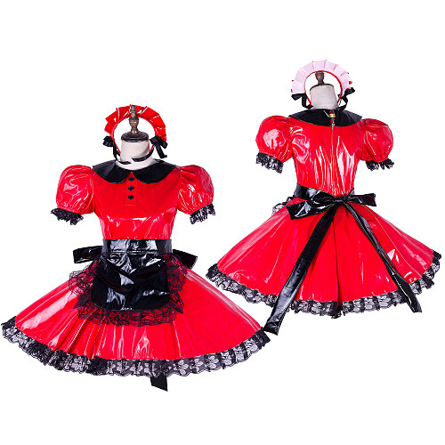 Handmade Lockable Sissy Maid Dress – Red & Black Heavy PVC Short Crossdressing Costume [G1653]