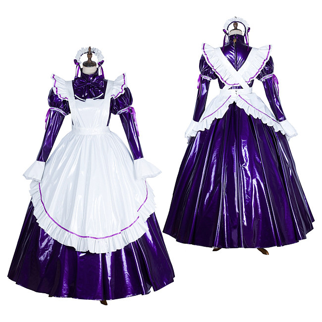 Lockable Sissy Maid Purple & White Thin PVC Long Dress with Apron [G1750]
