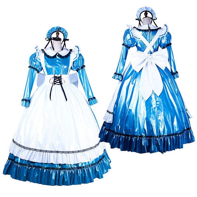 Lockable Sissy Maid Blue & White Thin PVC Long Dress with Apron [G1752]