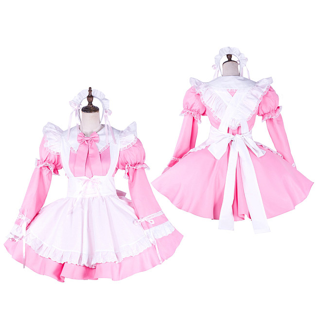 Lockable Sissy Maid Pink & White Cotton Dress with Apron [G1746]