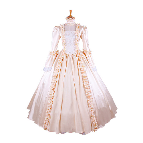 Handmade Sissy Maid Dress Victorian Satin Medieval Gown with Ruffles in Ivory Champagne [G1643]