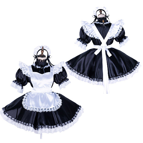 Lockable Sissy Maid Black & White Satin Dress with Lace Apron [G1756]
