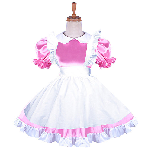 Handmade Lockable Sissy Maid Dress – Pink & White Satin Crossdressing Costume [G1645]