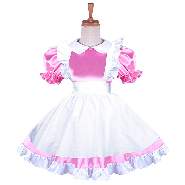 Handmade Lockable Sissy Maid Dress – Pink & White Satin Crossdressing Costume [G1645]