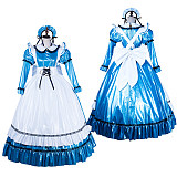 Lockable Sissy Maid Blue & White Thin PVC Long Dress with Apron [G1752]