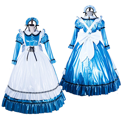 Lockable Sissy Maid Blue & White Thin PVC Long Dress with Apron [G1752]
