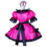 Lockable Sissy Maid Pink & Black Satin Dress with Lace Apron & Headpiece [G1766]