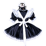 Lockable Sissy Maid Black & White Satin Dress with Lace Apron [G1756]