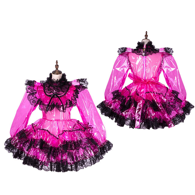 Lockable Sissy Maid Pink & Black Clear PVC Dress with Lace Trim [G1764]