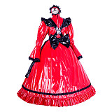 Lockable Sissy Maid Red & Black Thin PVC Long Dress with Bow [G1768]