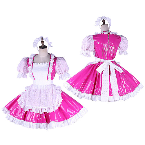 Lockable Sissy Maid Pink & White Thin PVC Dress with Apron [G1658]