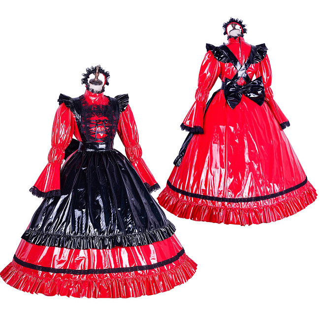 Lockable Sissy Maid Red & Black Thin PVC Long Dress with Bow [G1768]