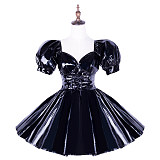 Handmade Black Heavy PVC Short Sissy Dress – Puff Sleeve Glossy Costume [G1657]