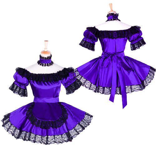 Sissy Maid Purple & Black Satin Dress with Lace Apron [G1757]