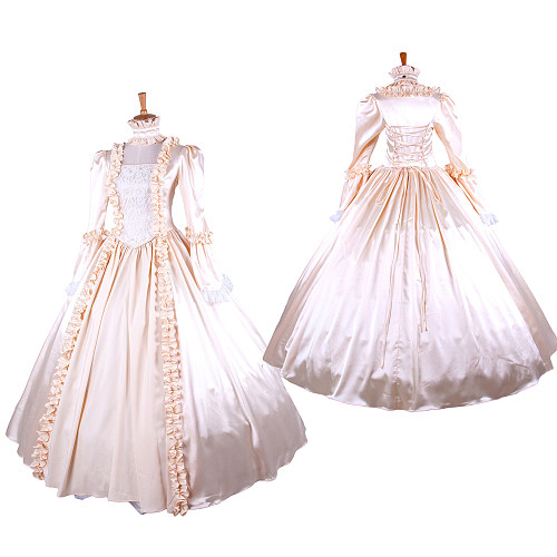 Handmade Sissy Maid Dress Victorian Satin Medieval Gown with Ruffles in Ivory Champagne [G1643]