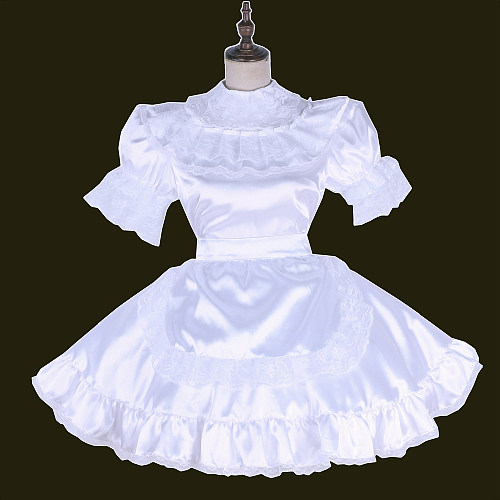 Lockable Sissy Maid White Satin Dress with Lace Apron [G1659]