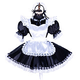 Lockable Sissy Maid Black & White Satin Dress with Lace Apron [G1756]