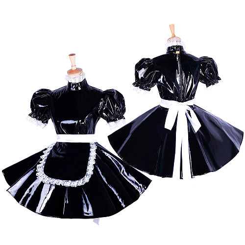 Handmade Lockable Sissy Maid Dress – Black Heavy PVC Short Crossdressing Costume [G1654]