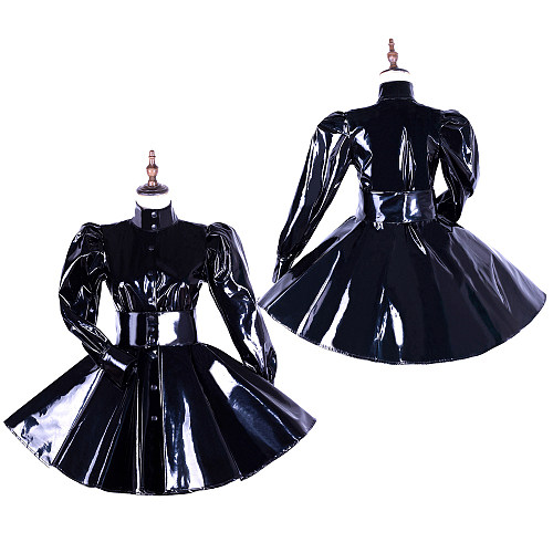 Handmade Black Heavy PVC Sissy Dress – Glossy Long Sleeve Fetish Costume [G1655]