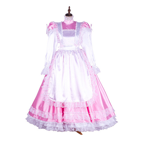 Lockable Sissy Maid Pink & White Satin Long Dress with Apron [G1749]