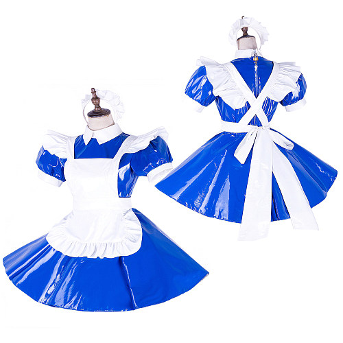 Handmade Lockable Sissy Maid Dress – Blue & White Heavy PVC Short Crossdressing Costume [G1652]