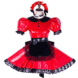 Handmade Lockable Sissy Maid Dress – Red & Black Heavy PVC Short Crossdressing Costume [G1653]