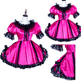 Lockable Sissy Maid Pink & Black Satin Dress with Lace Trim [G1767]