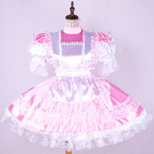 Lockable Sissy Maid Pink & White Satin Dress with Lace Apron [G1745]