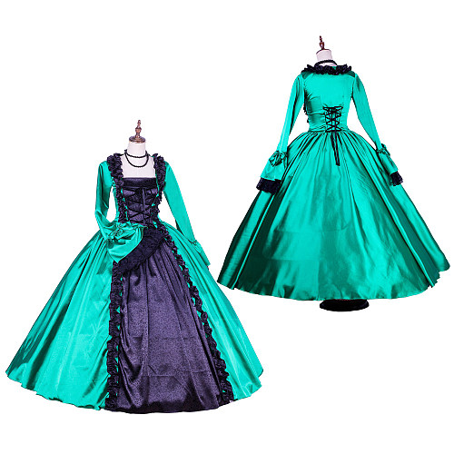 Handmade Victorian Satin Medieval Gown in Green and Black with Ruffles [G1770]