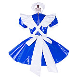 Handmade Lockable Sissy Maid Dress – Blue & White Heavy PVC Short Crossdressing Costume [G1652]